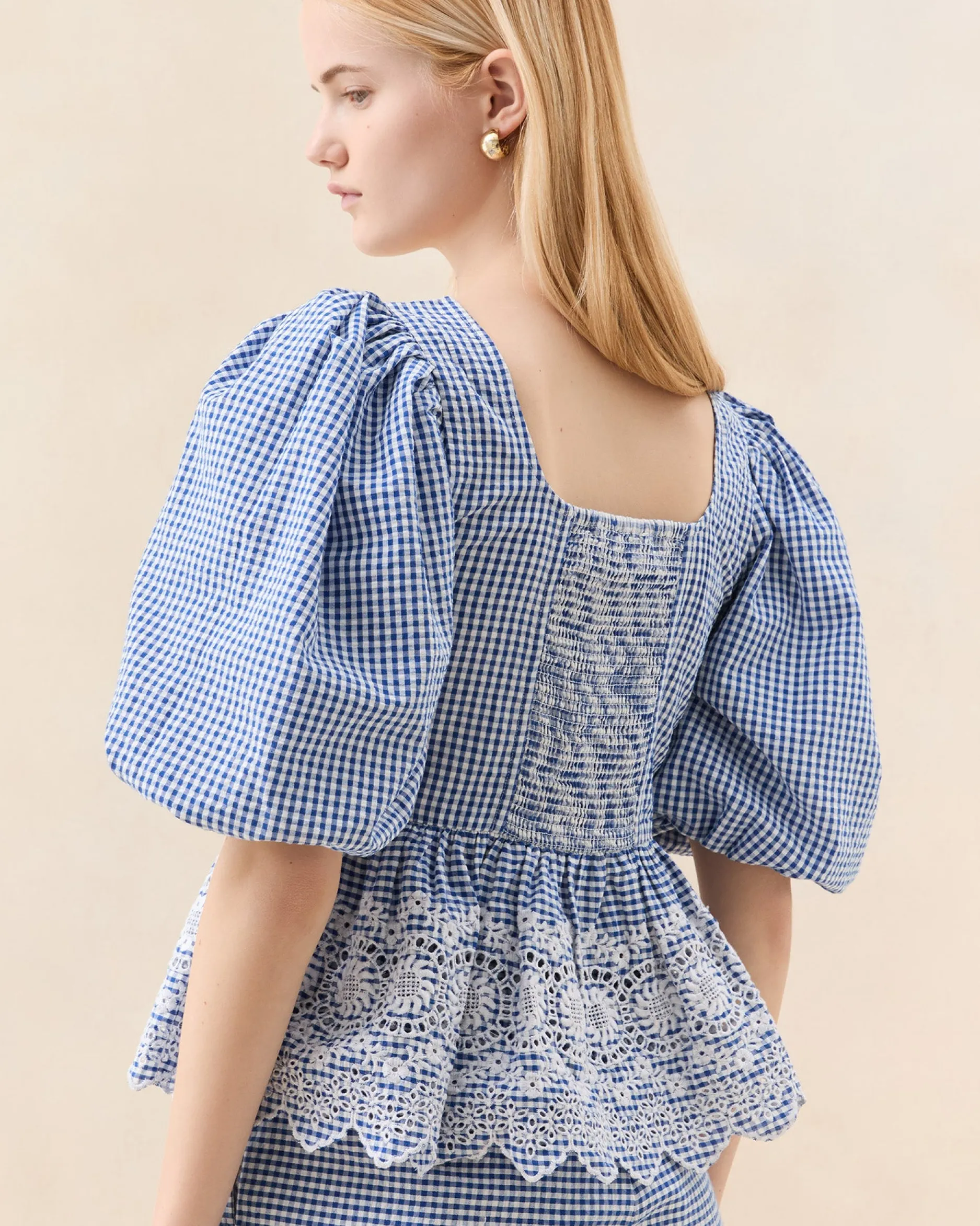 Loeffler Randall Jodie Blue Gingham Embroidered Top