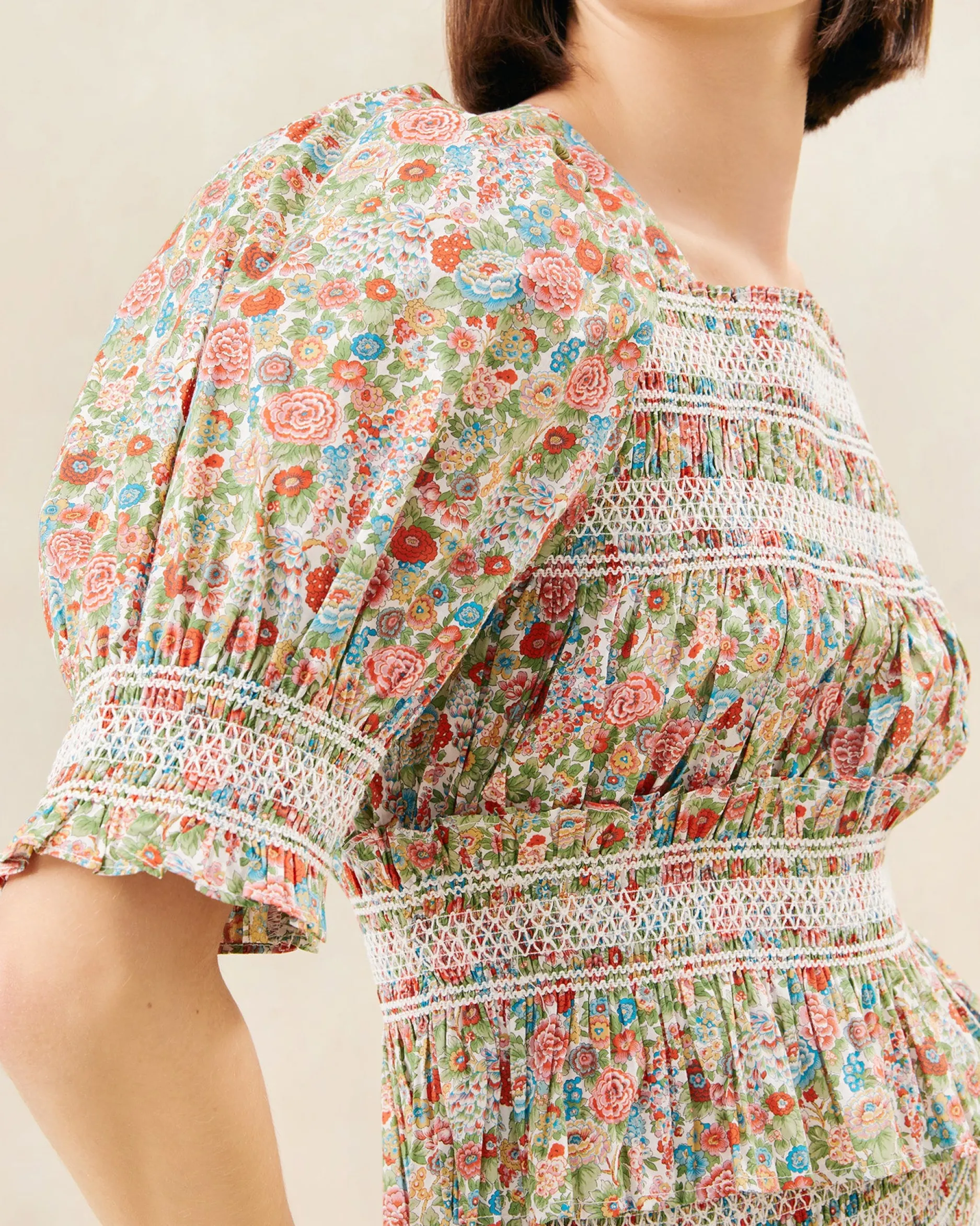 Loeffler Randall Nicola Cream Floral Cinched Blouse