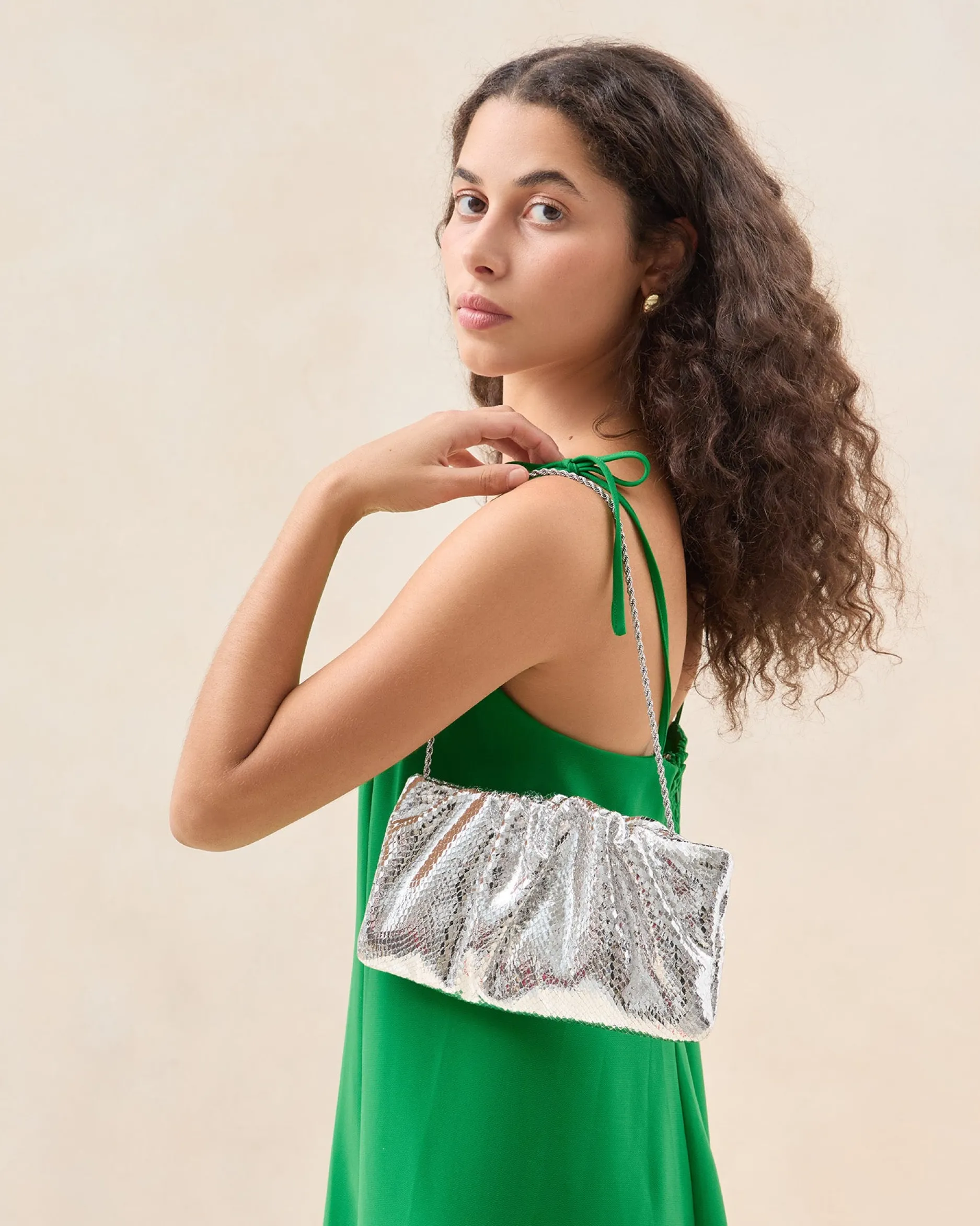 Loeffler Randall Serena Silver Gathered Leather Clutch